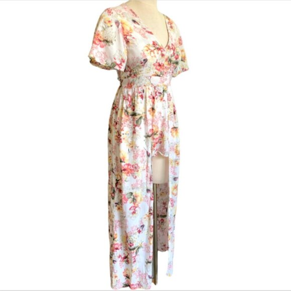 Angie Floral Walk-Through Romper/Maxi Dress Smocked Cutout Back M #60F - Picture 3 of 8
